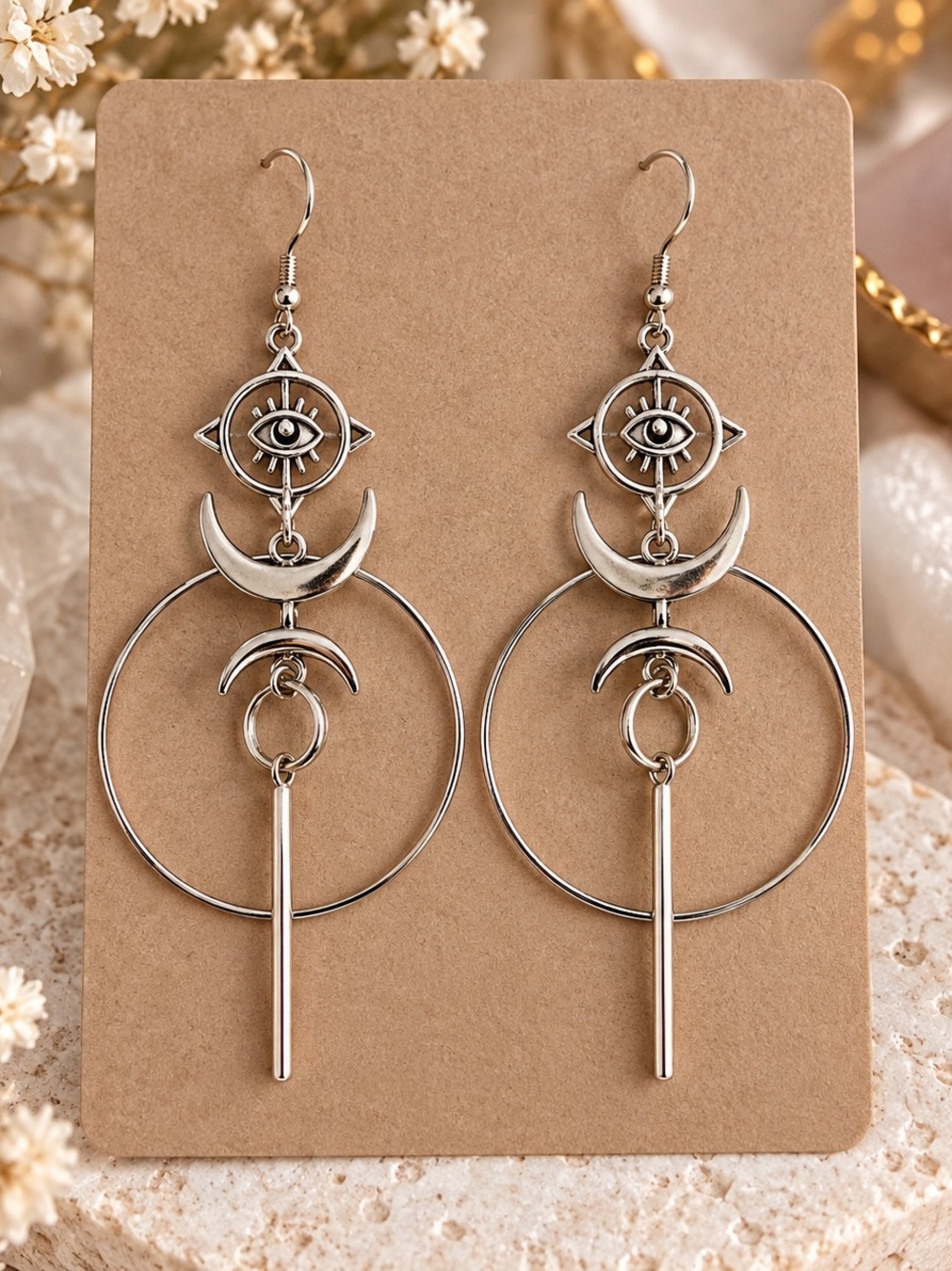 Silver Tone Metsl Crescent Moon and Evil Eye Drop Dangle Earrings New